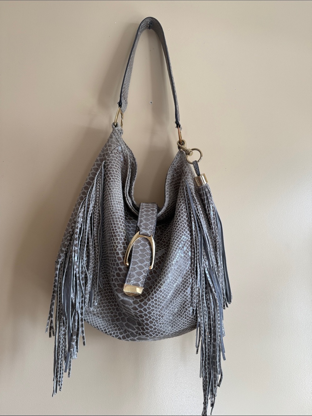 G.I.L.I. Gray Snake-Print Fringe Shoulder Hobo with Gold Buckle